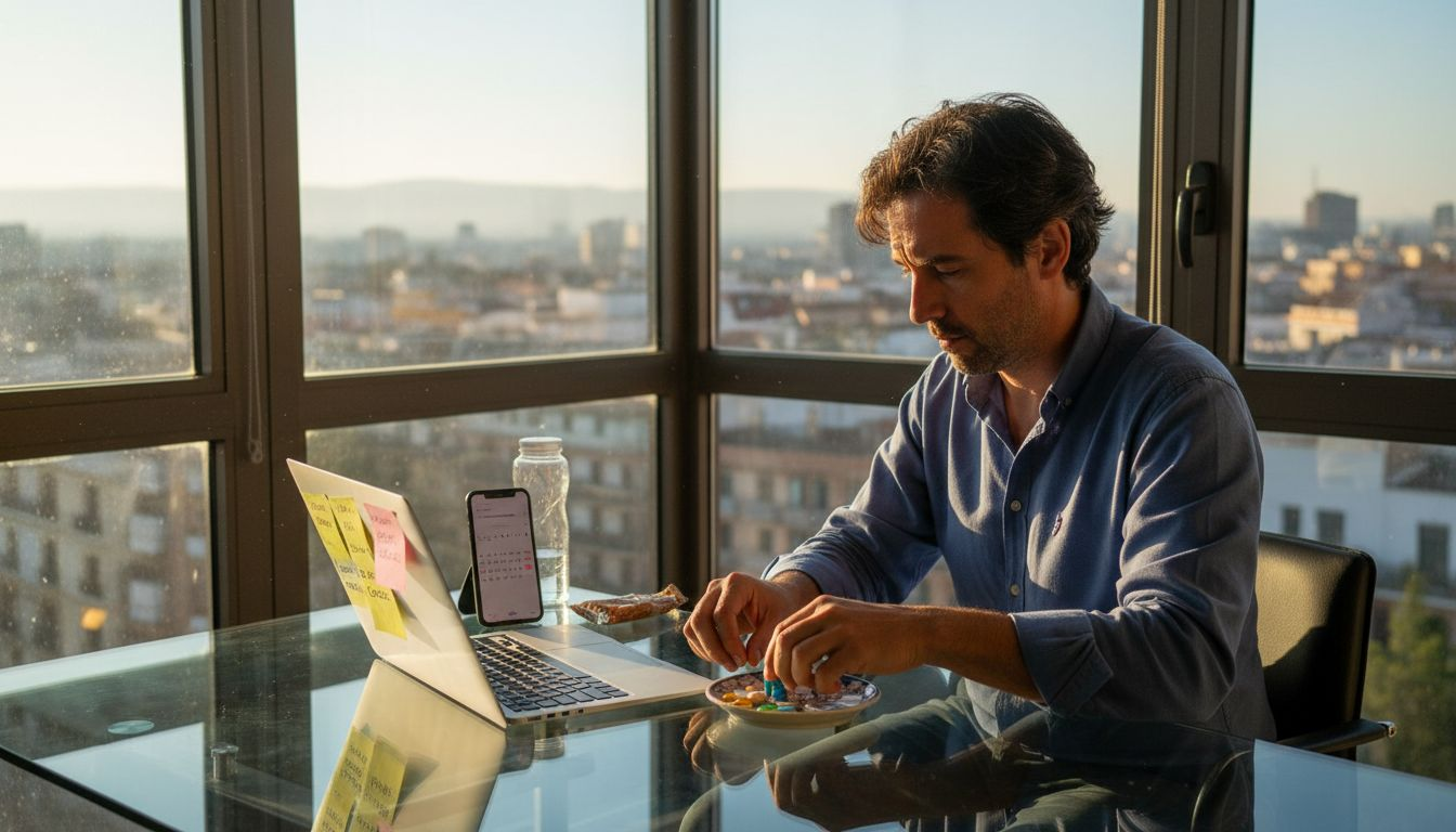 Un hombre adulto organiza sus suplementos en el escritorio de la oficina.