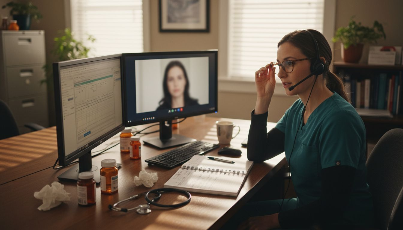 Nurse in clinic office during telehealth call