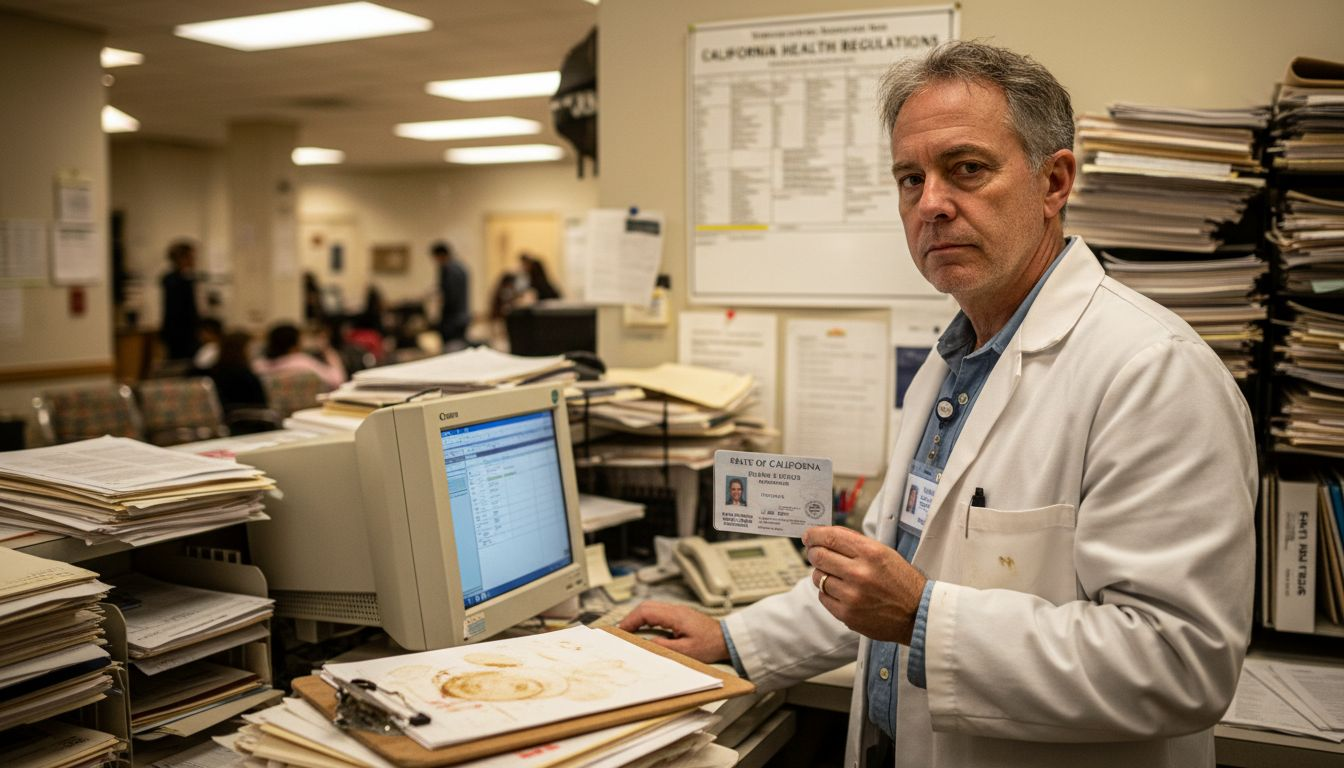 Doctor verifying credentials at clinic desk