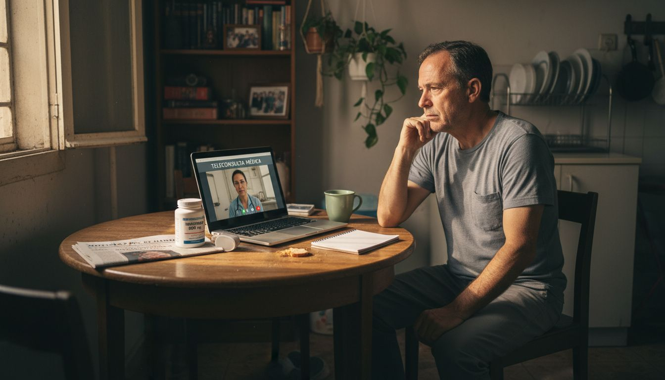 Hombre realizando una consulta médica online desde su casa