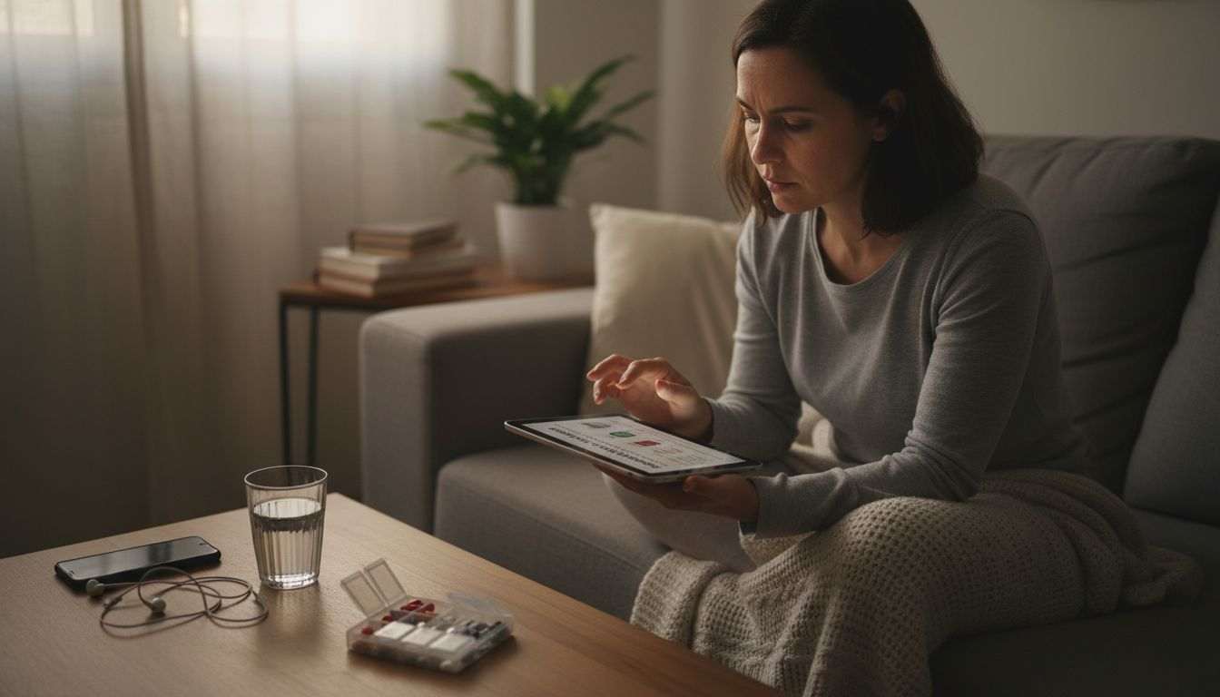 Una mujer realiza la compra de sus medicamentos por internet cómodamente desde el sofá de su casa.