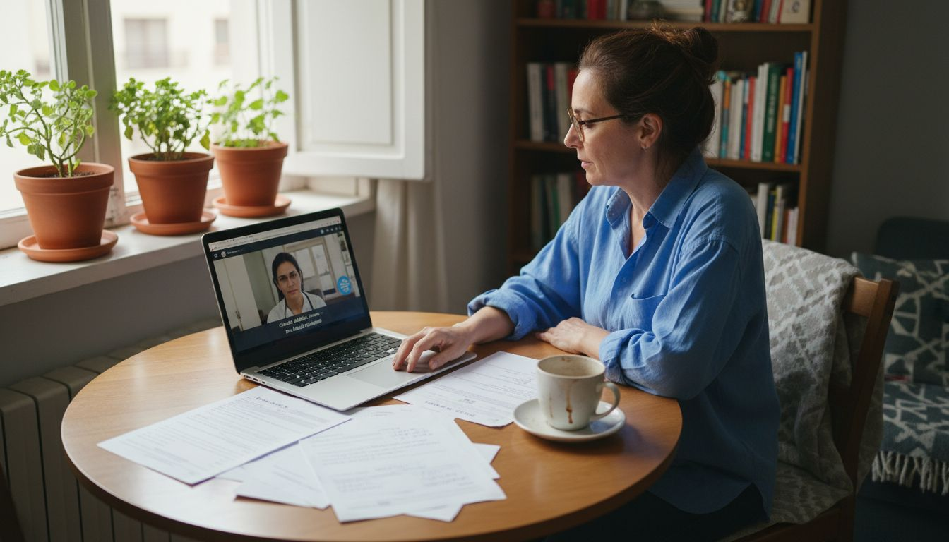 Mujer realiza una consulta médica online desde la comodidad de su hogar