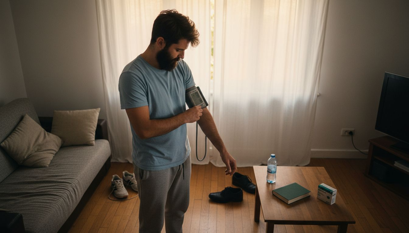 Un hombre se toma la presión arterial en la sala de su casa.
