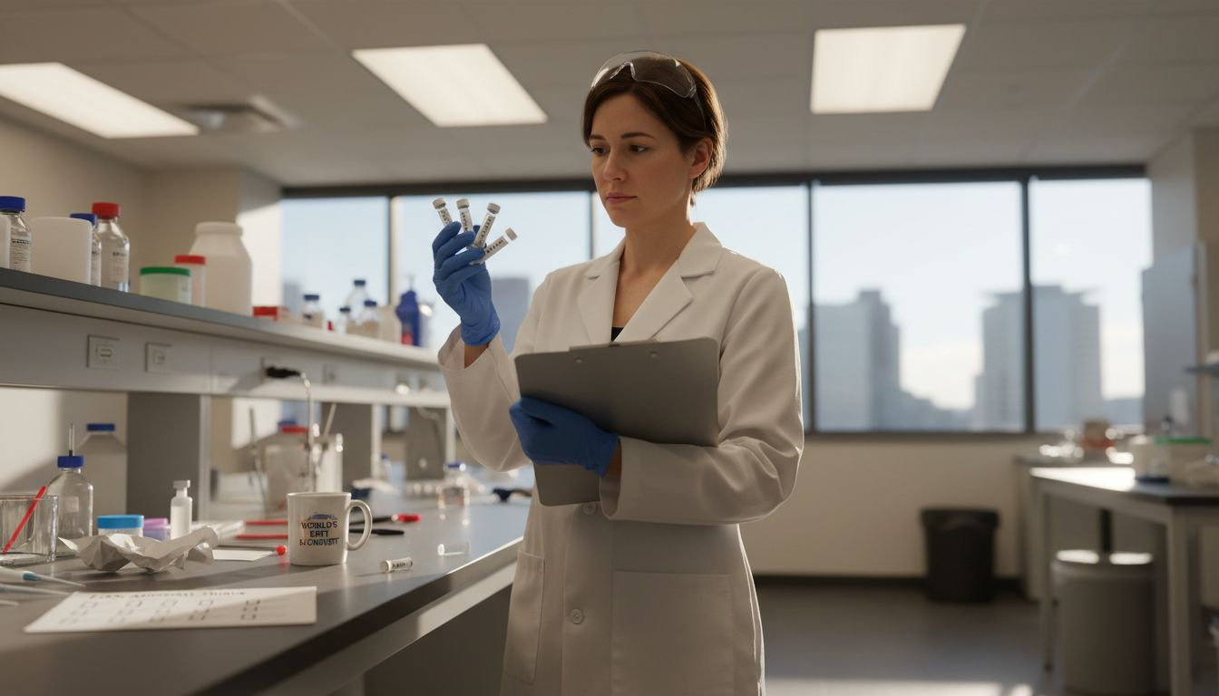 Scientist examining peptide therapy vials in lab