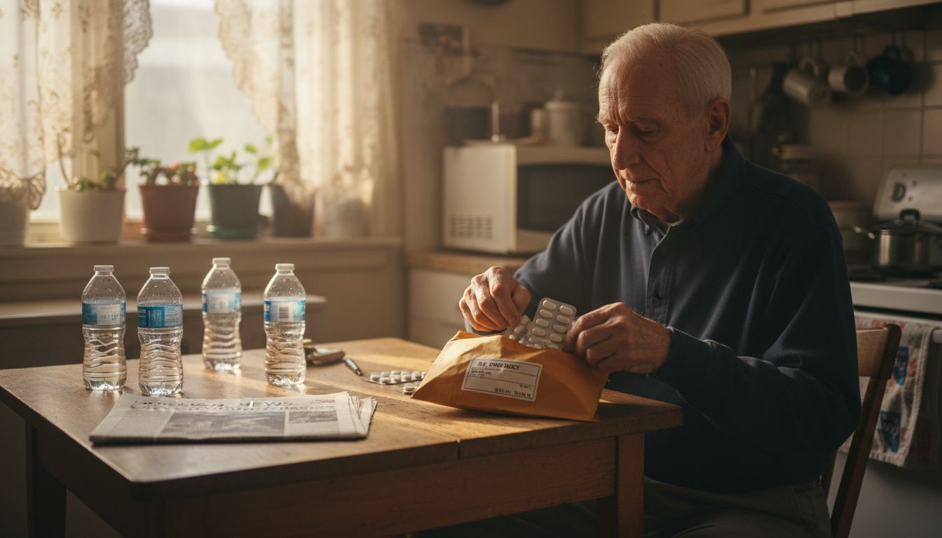 Elderly man opening delivered medications at kitchen table