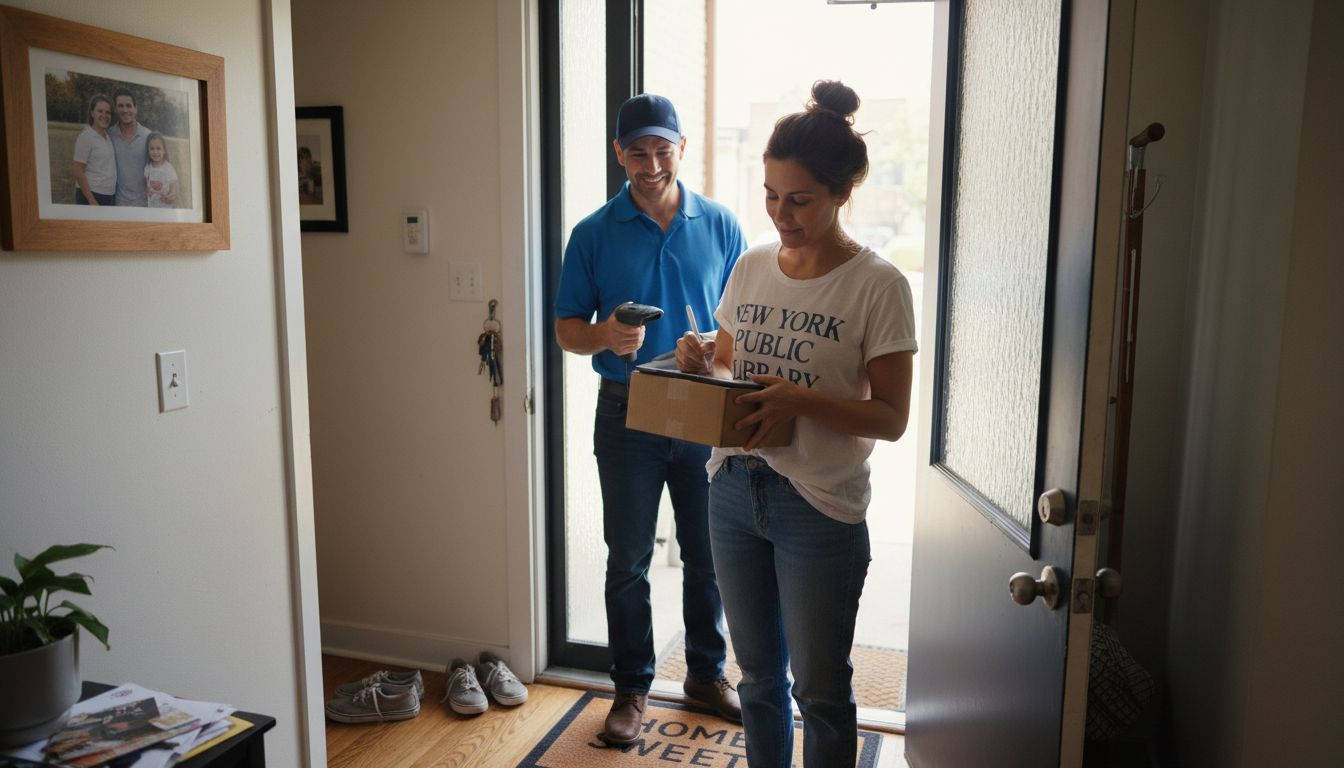 Woman receives medication package from courier indoors
