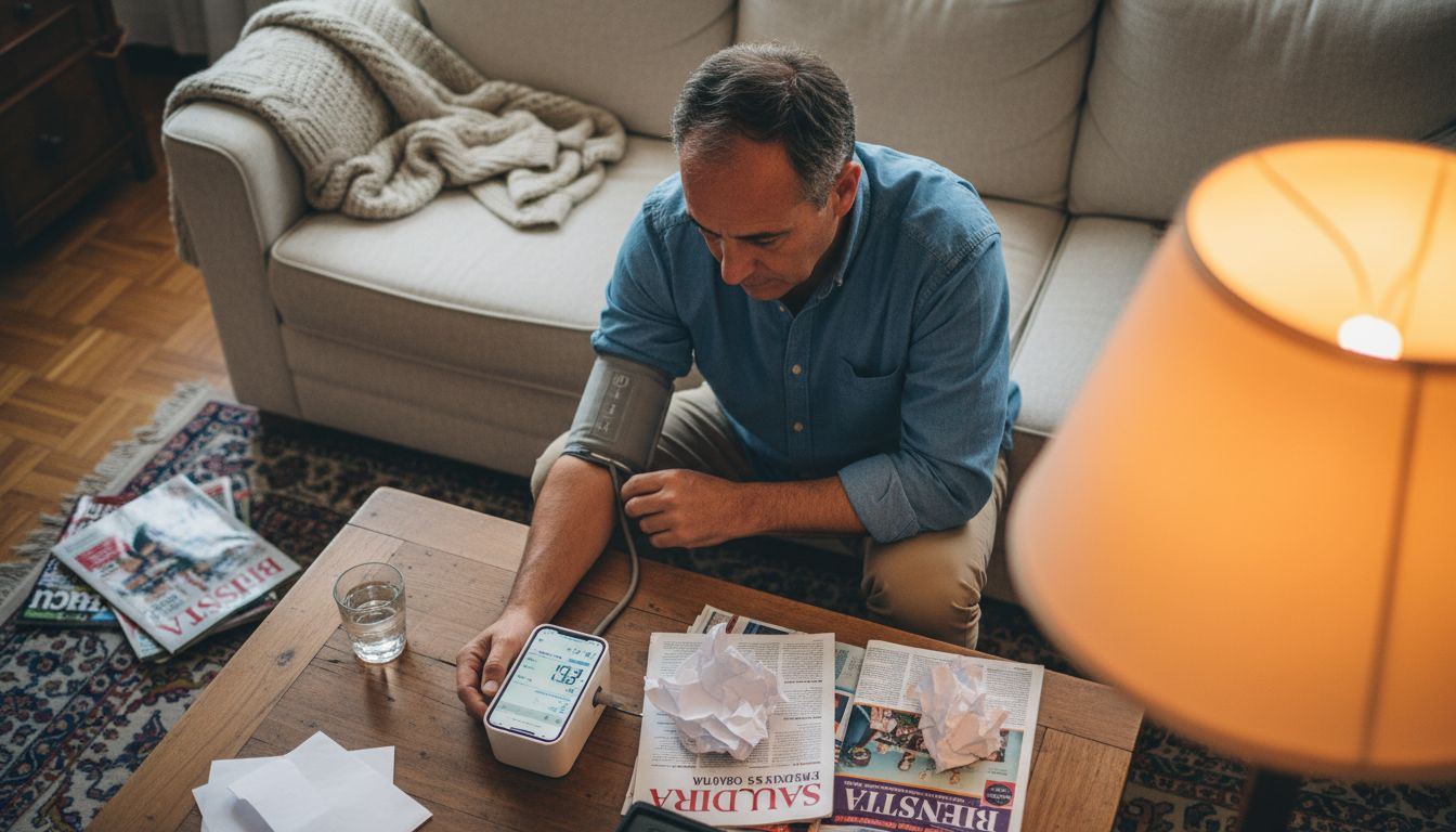 Un hombre controla su salud utilizando dispositivos electrónicos.