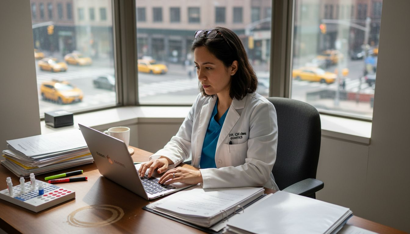 Doctor entering genetic patient info at desk