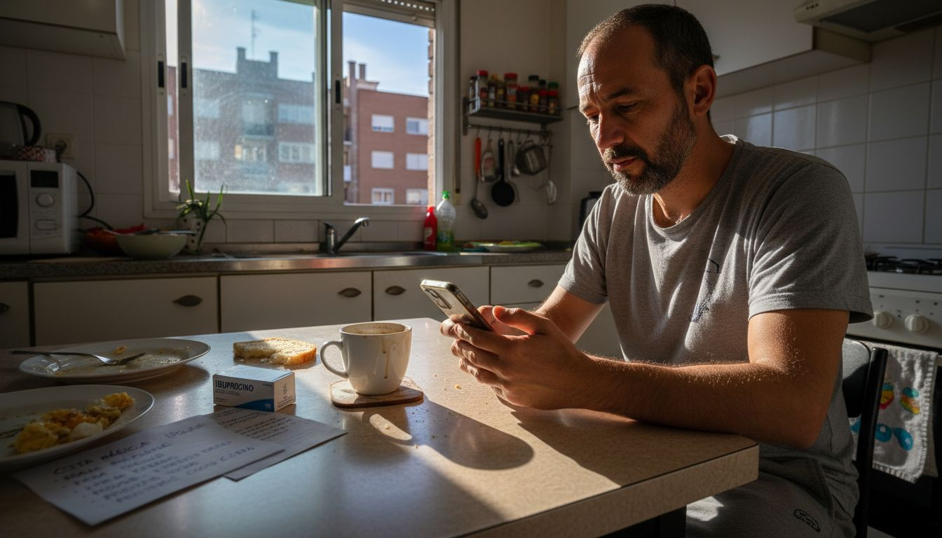 Un adulto repasa sus indicaciones médicas mientras está en la cocina.