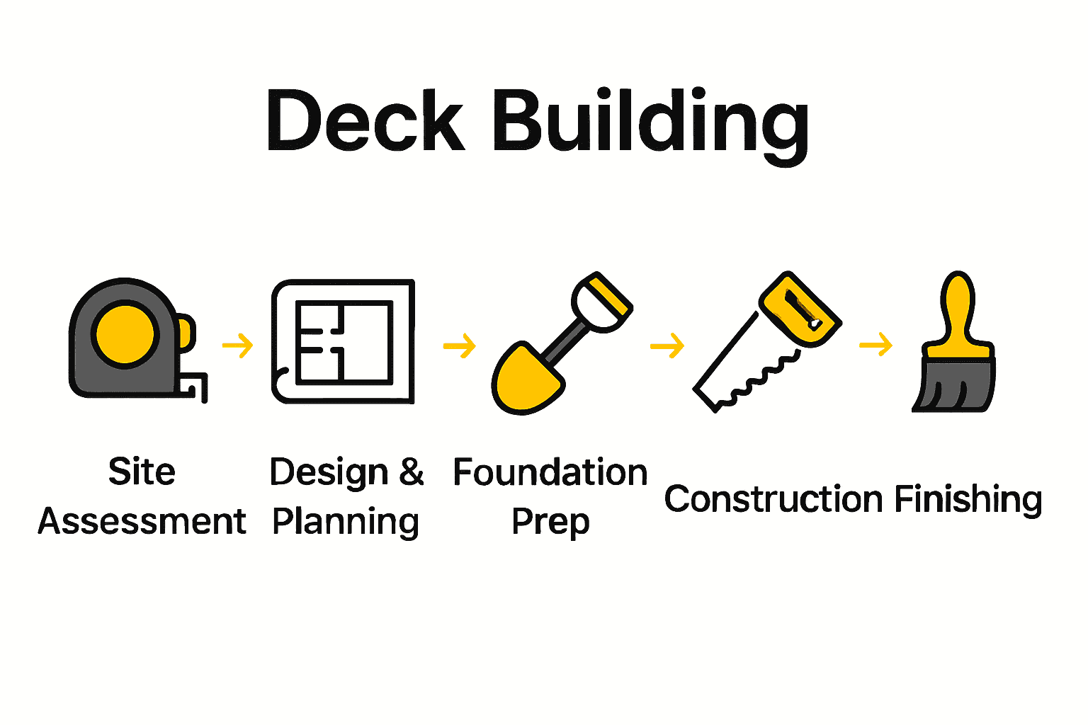 Infographic of five-step deck building process with icons