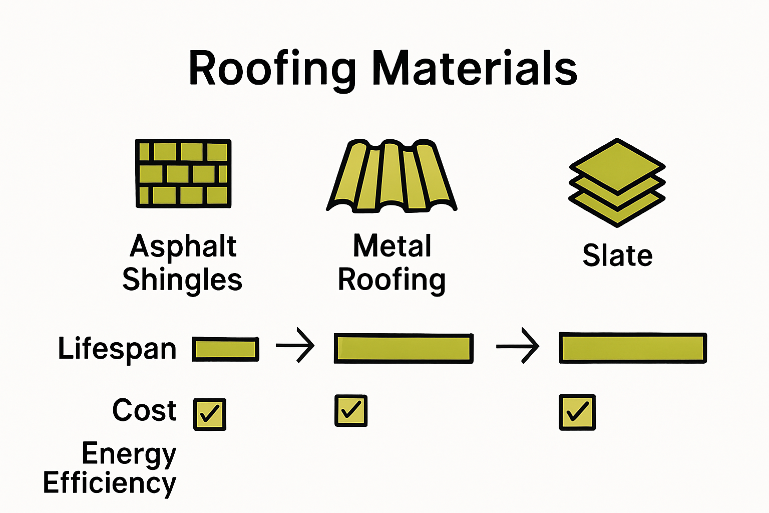 Infographic comparing asphalt, metal, and slate roofing materials on lifespan, cost, and efficiency.