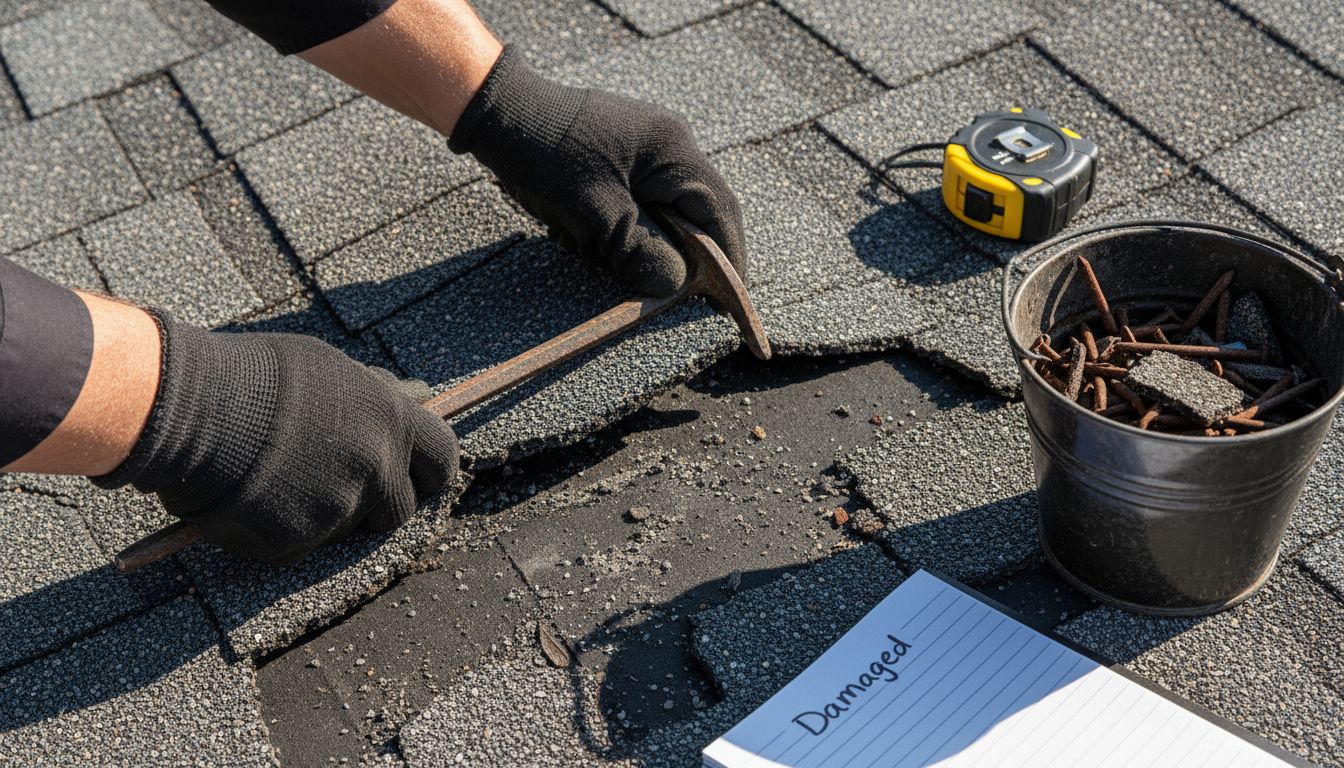 Hands lifting damaged shingle with pry bar