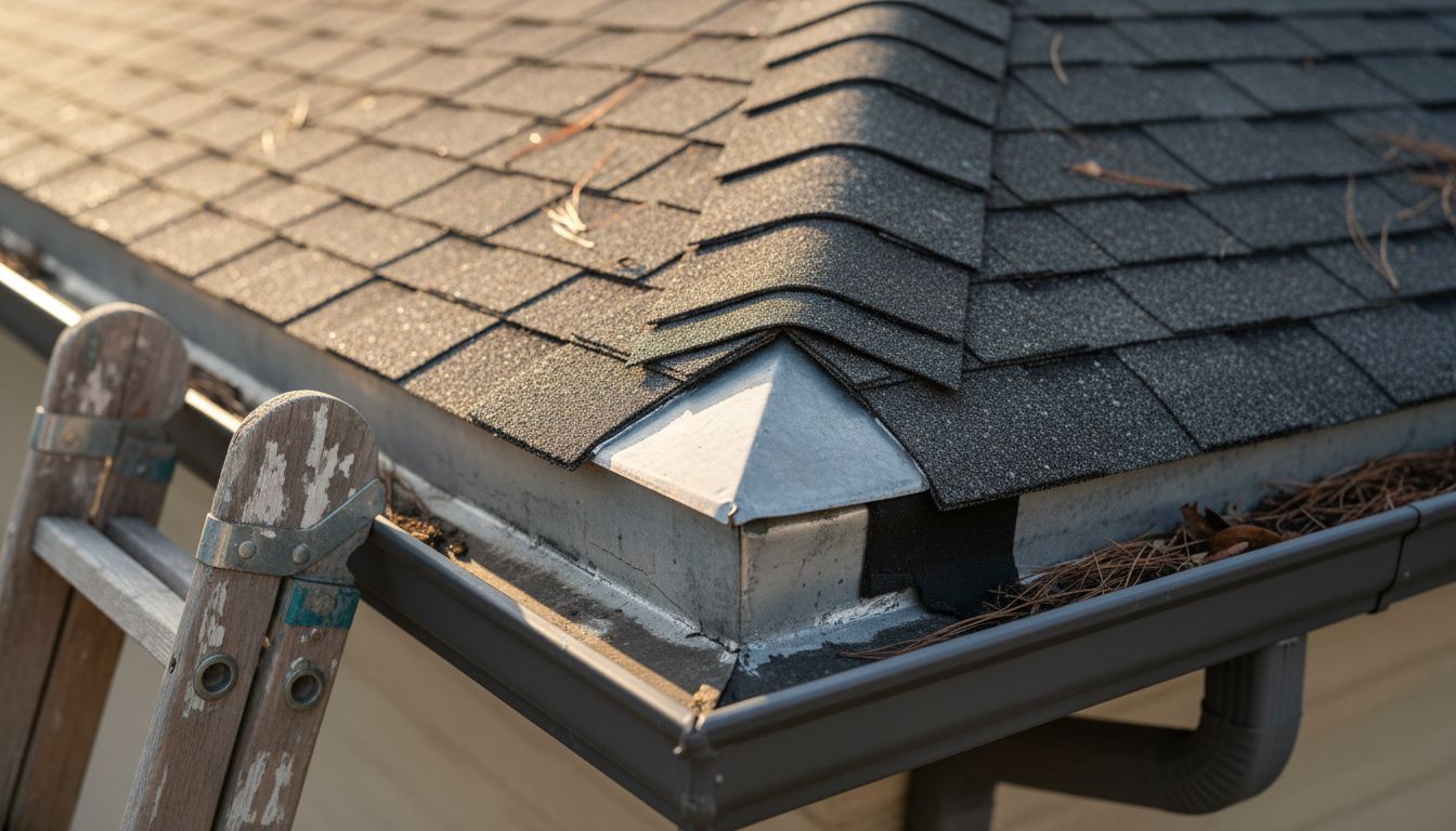 Close-up of shingles and roof flashing