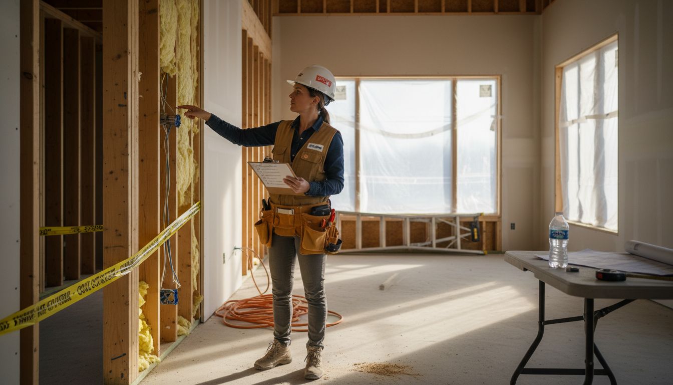 Inspector reviewing checklist in unfinished home