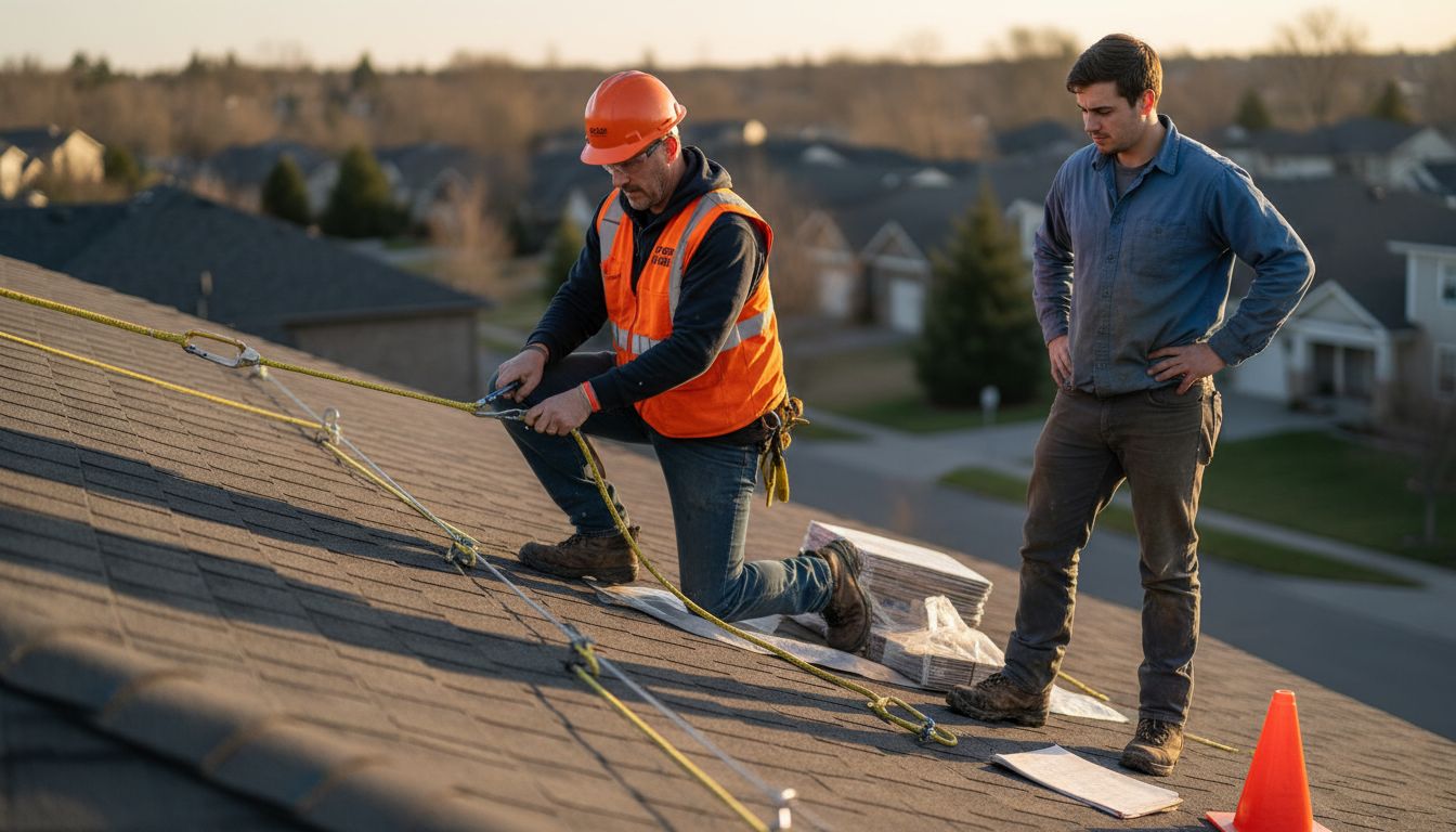Inspector demonstrating roof safety equipment setup