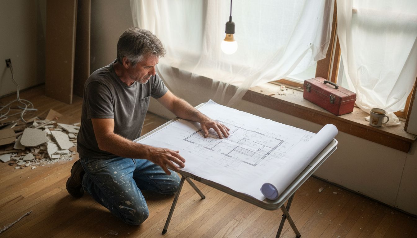 Contractor reviewing renovation plans in gutted living room