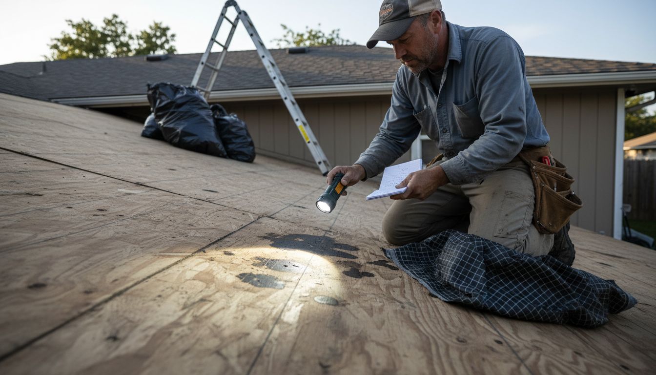 Contractor inspecting exposed wood roof deck