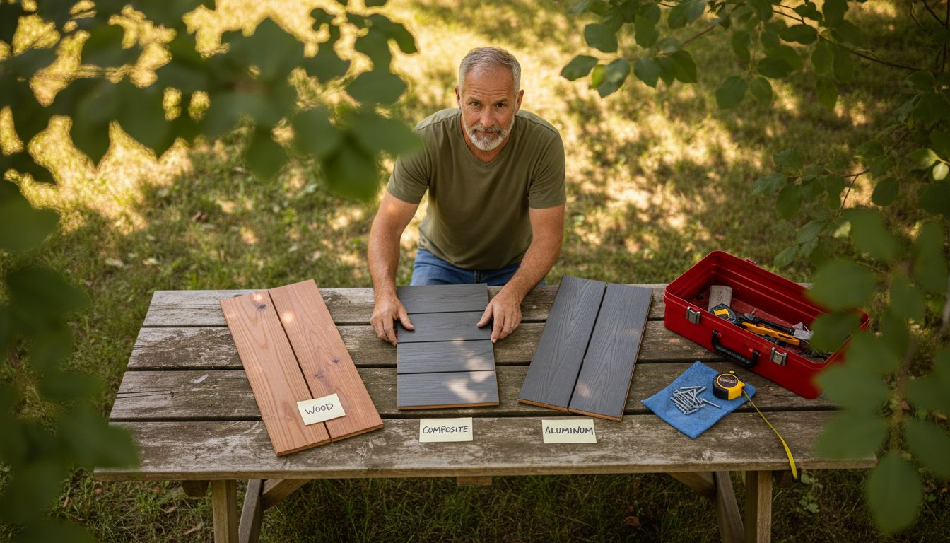 Deck material samples on outdoor table