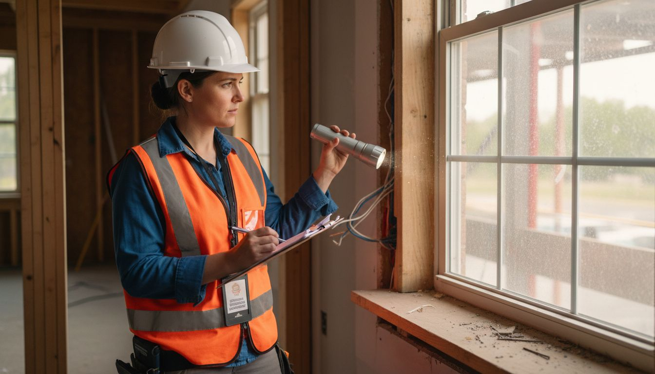 Building inspector checking code compliance