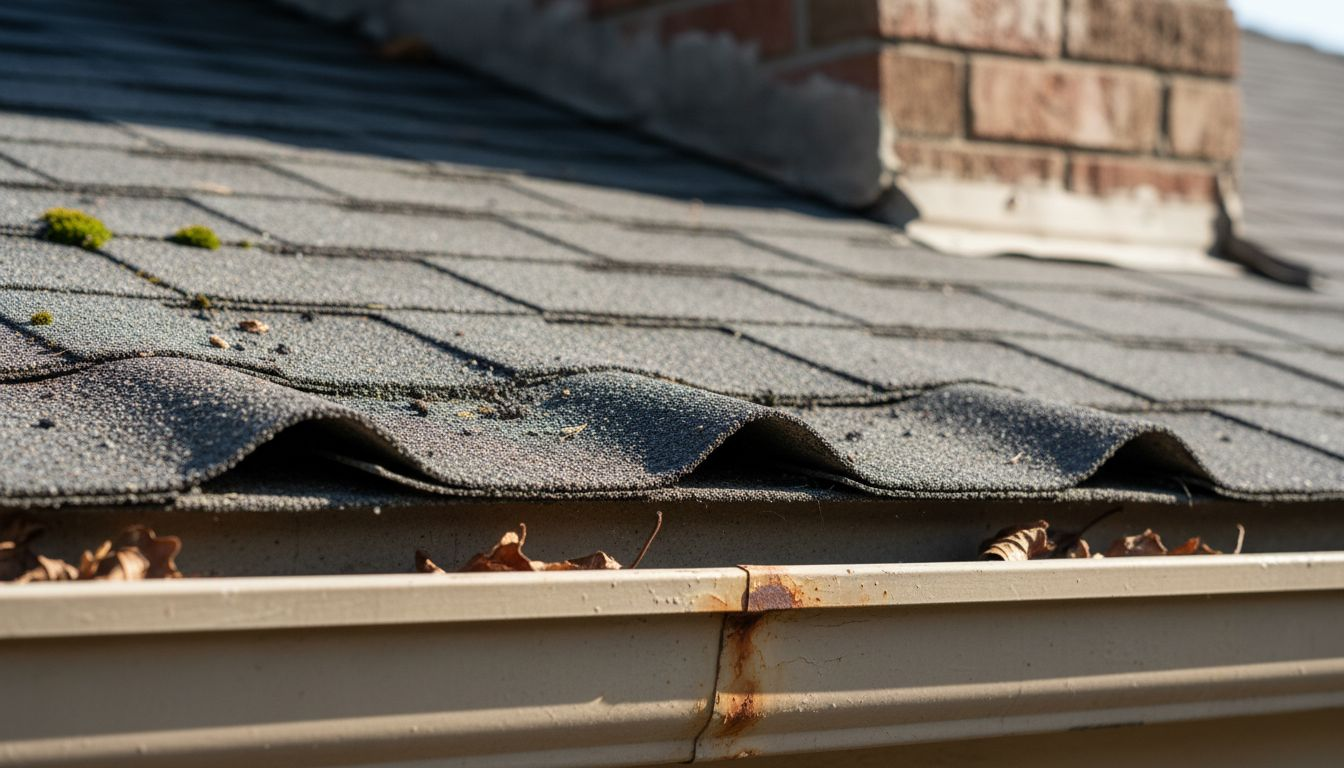 Worn roof shingles and moss growth detail