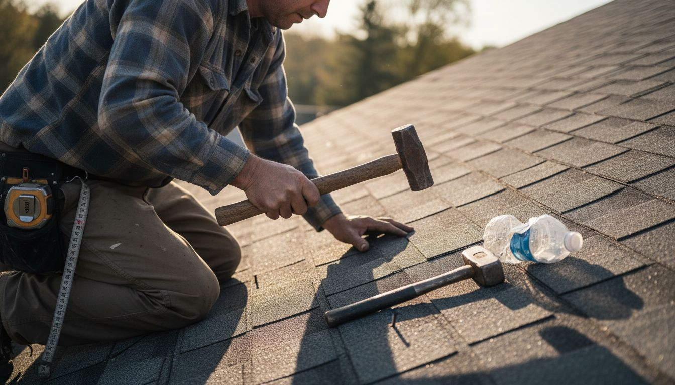 Contractor nailing asphalt shingle on roof