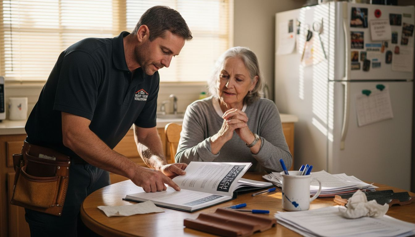 Contractor explaining warranties at kitchen table