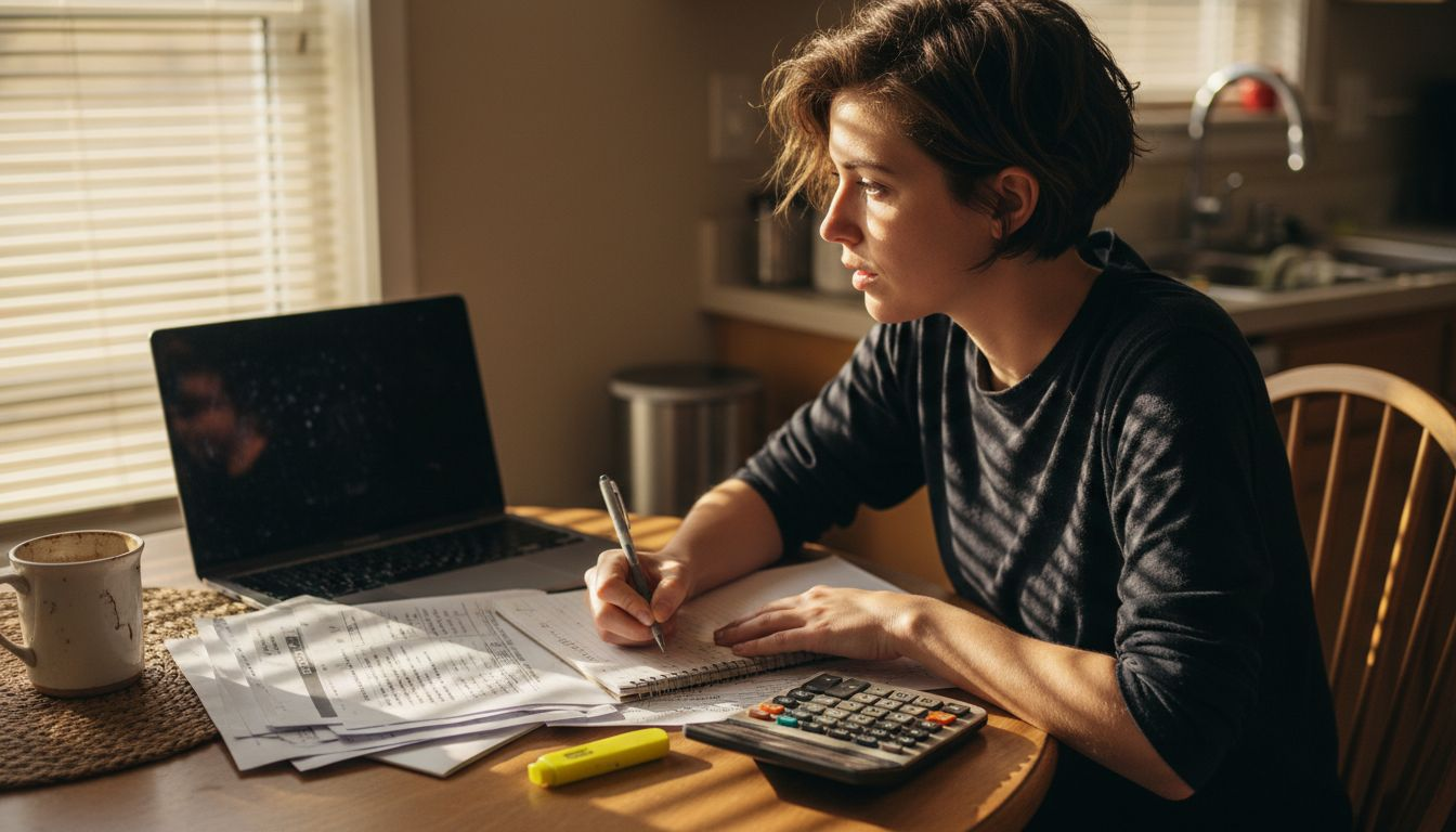 Woman reviewing contractor estimates at kitchen table