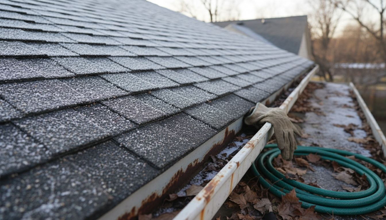 Closeup of damaged shingles in winter