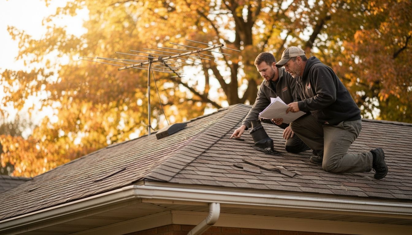 Roofers inspecting community home for damage