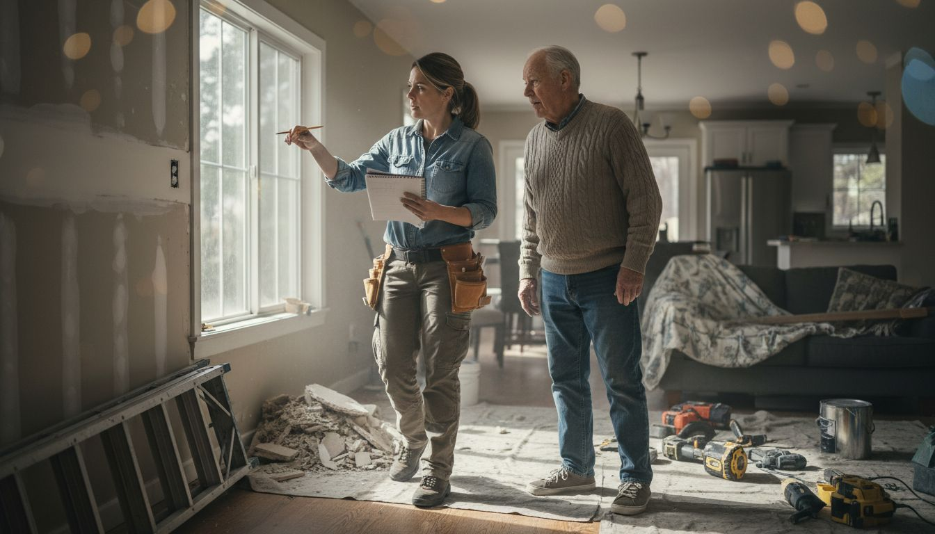 Contractor doing renovation walkthrough with homeowner