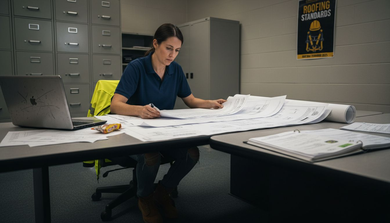 Contractor reviewing roofing code documents