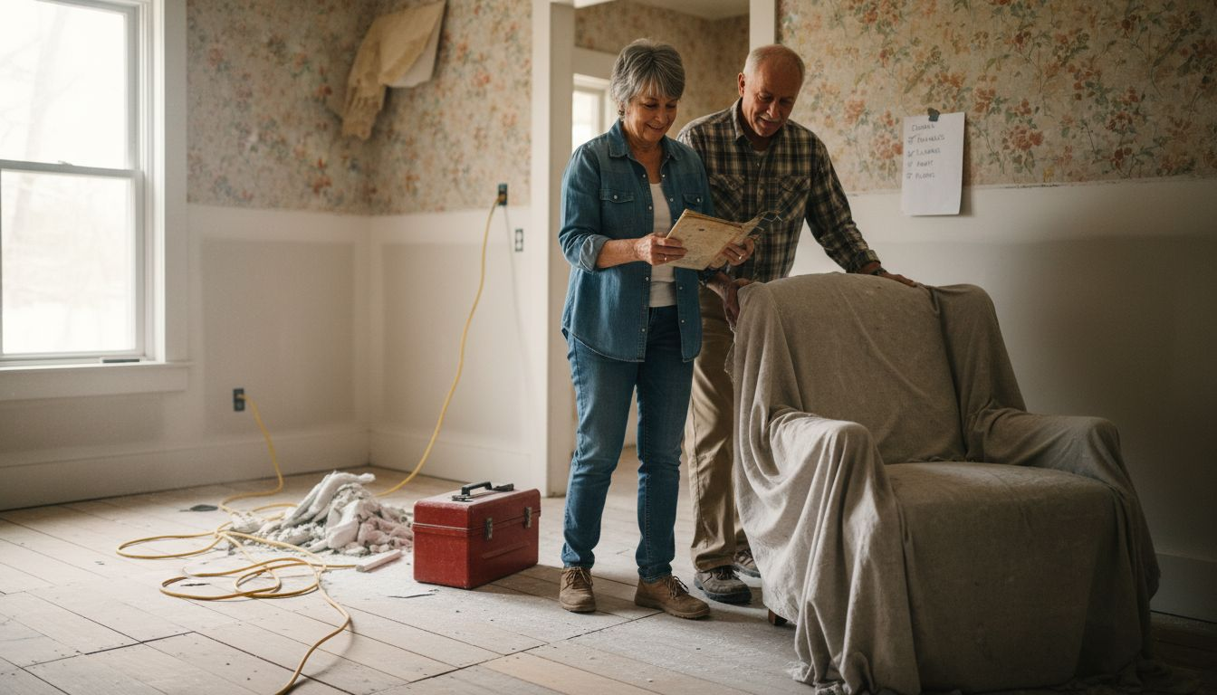 Couple in incomplete home renovation scene