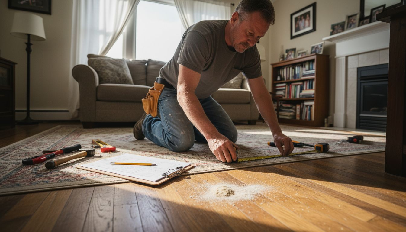 Contractor measuring living room baseboards