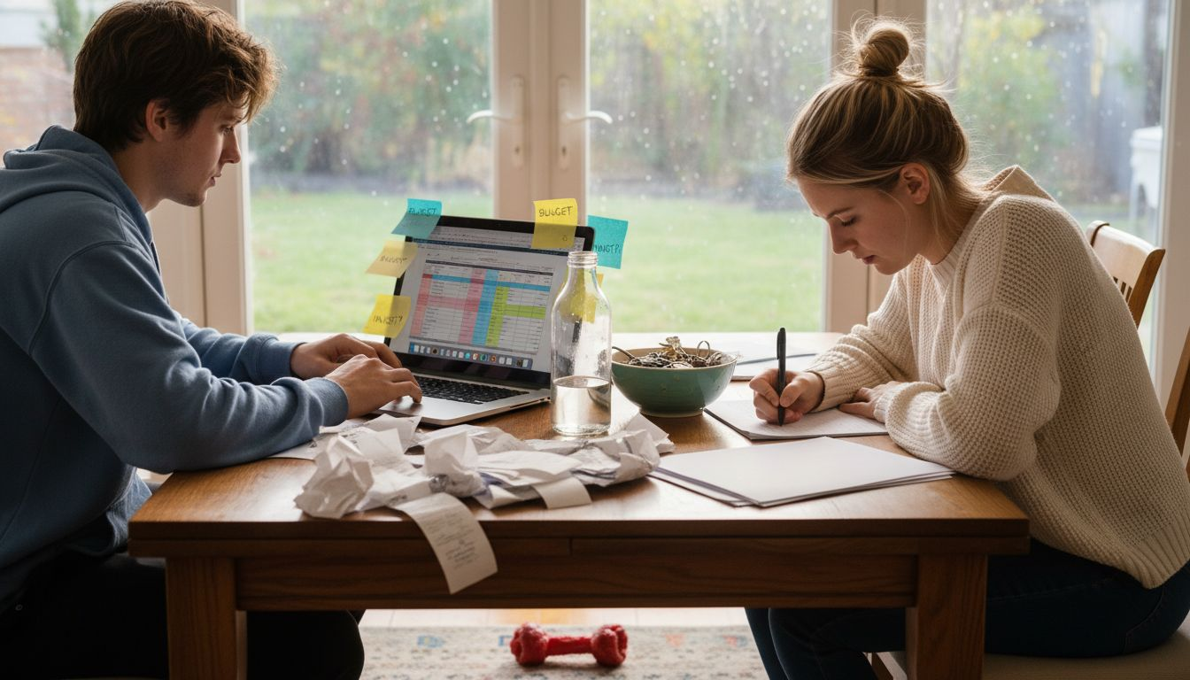 Couple tracking renovation expenses at table