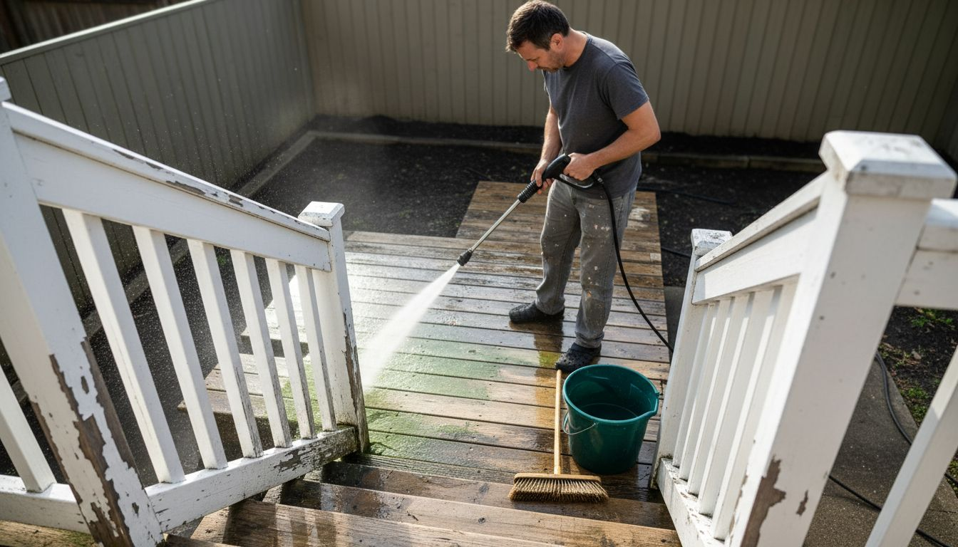Homeowner power washing dirty backyard deck boards