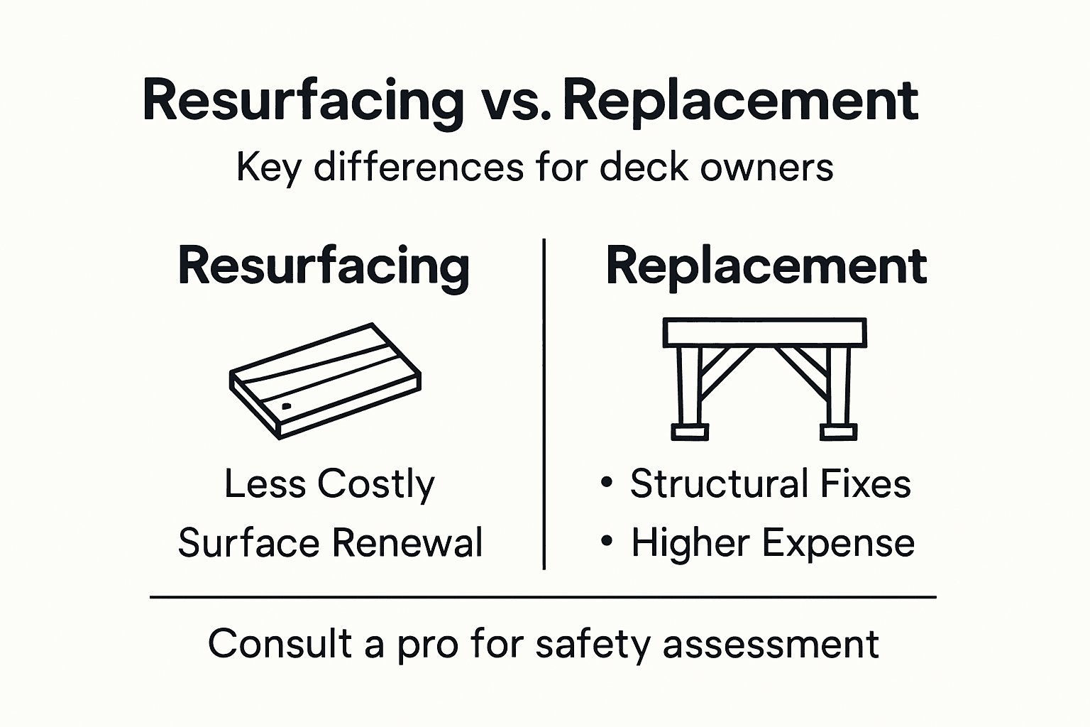 Infographic comparing deck resurfacing and replacement