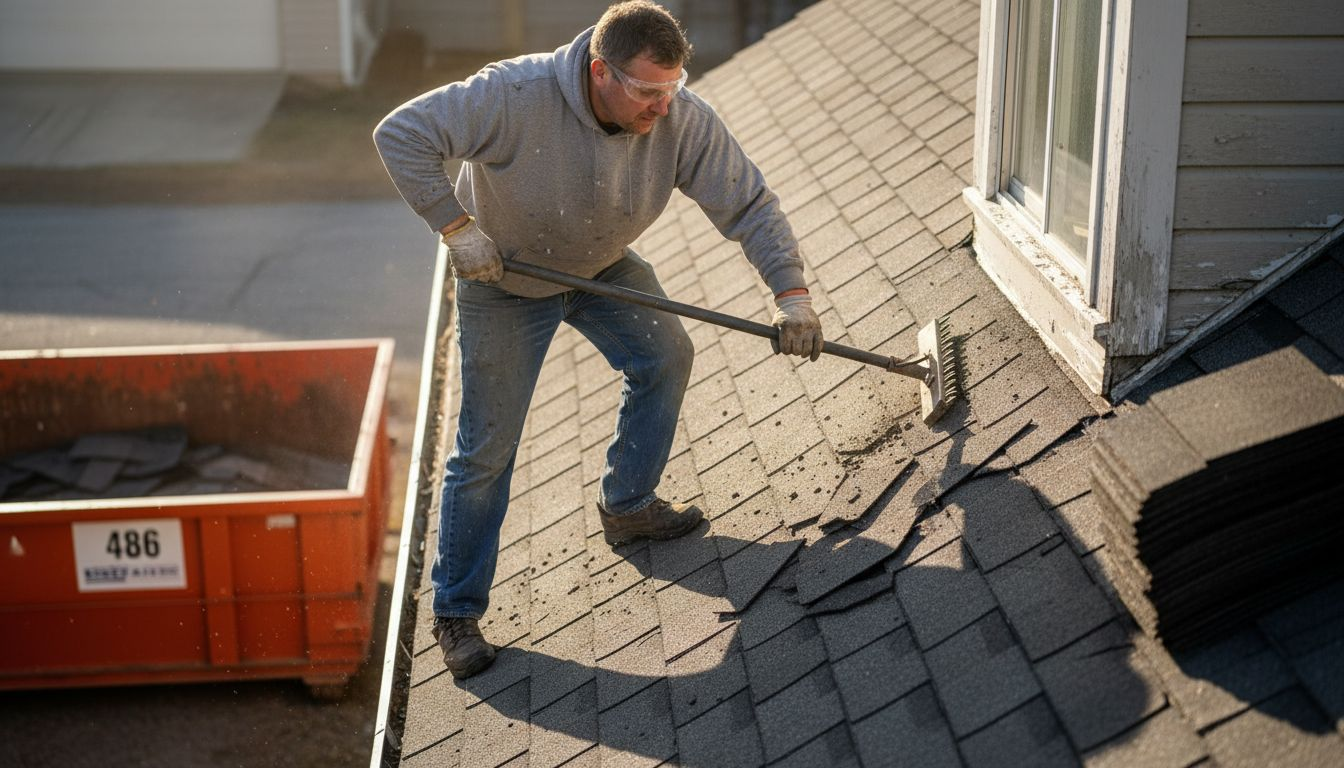 Homeowner removing shingles with tool