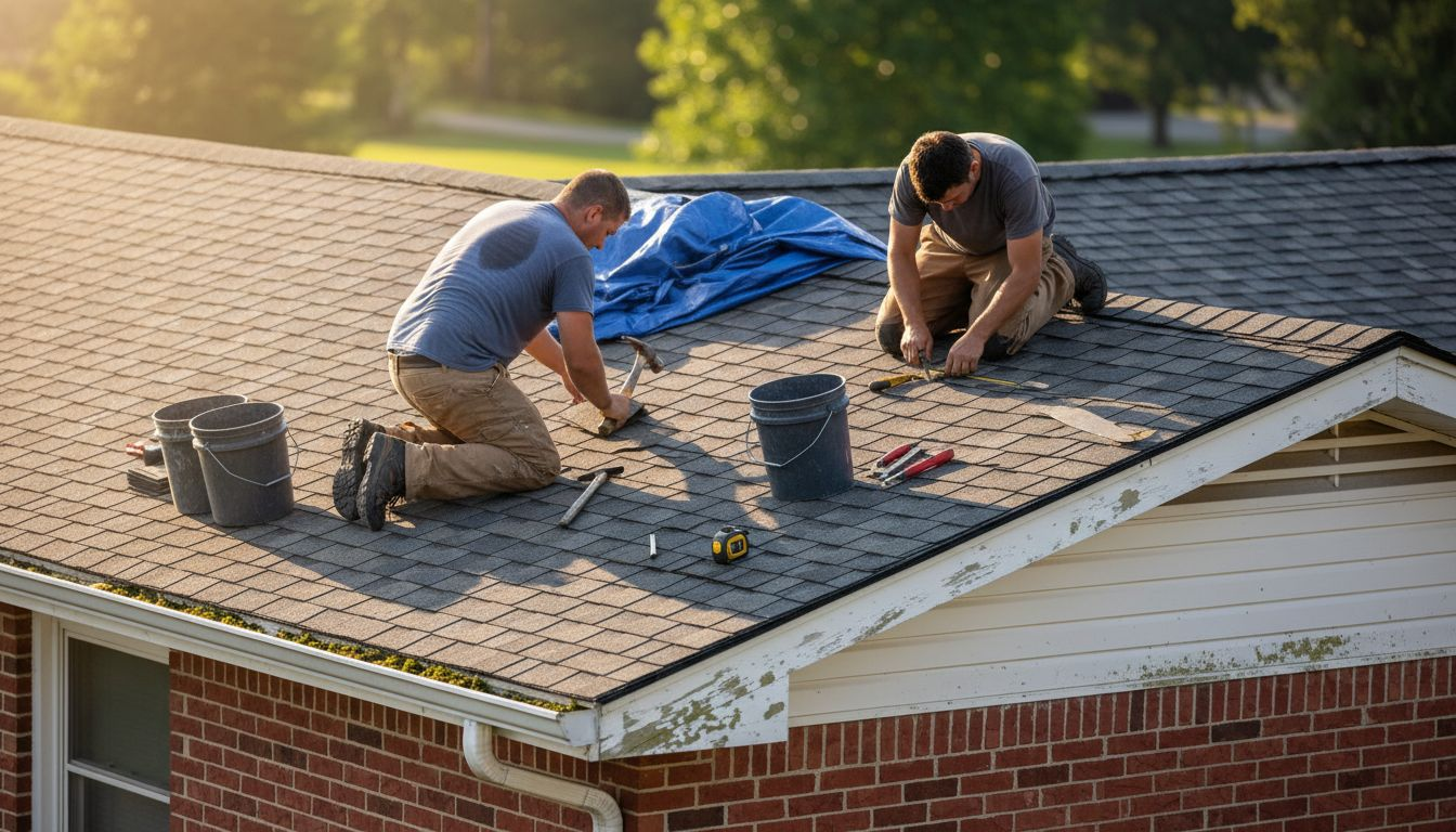 Roofers installing roof overlay on house