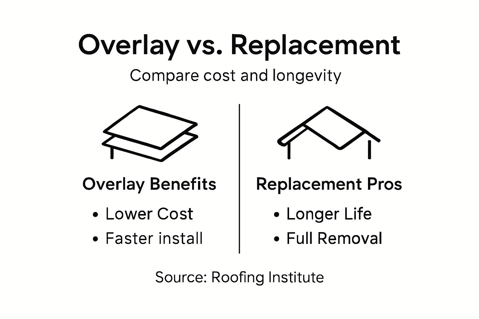 Infographic comparing roof overlay and replacement