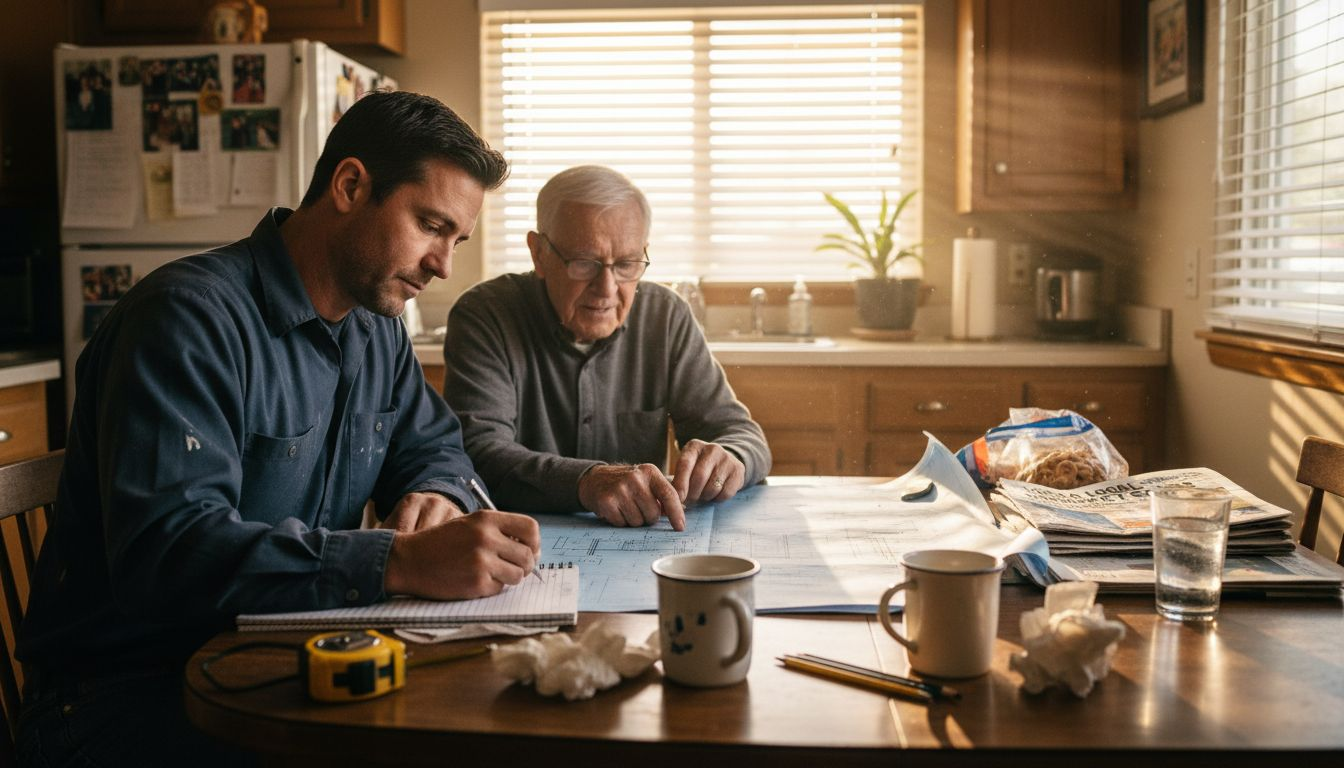 Contractor consulting with homeowners at kitchen table