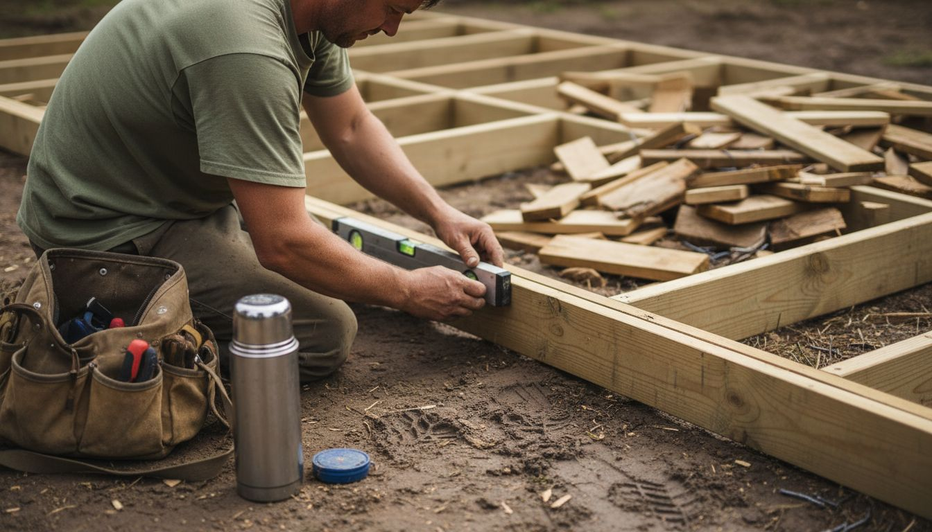 Carpenter aligning joist on new deck