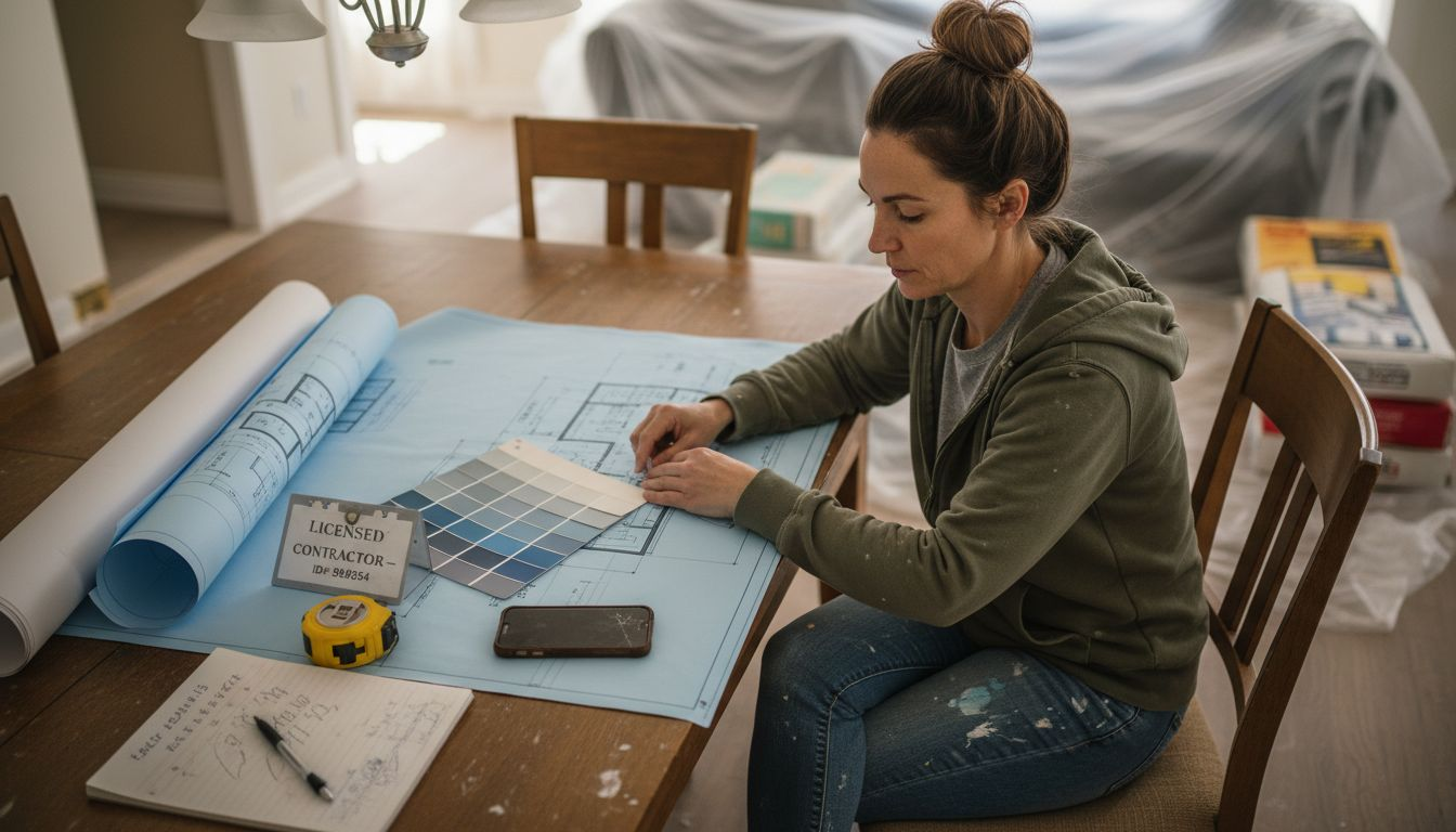Contractor looking over renovation blueprints