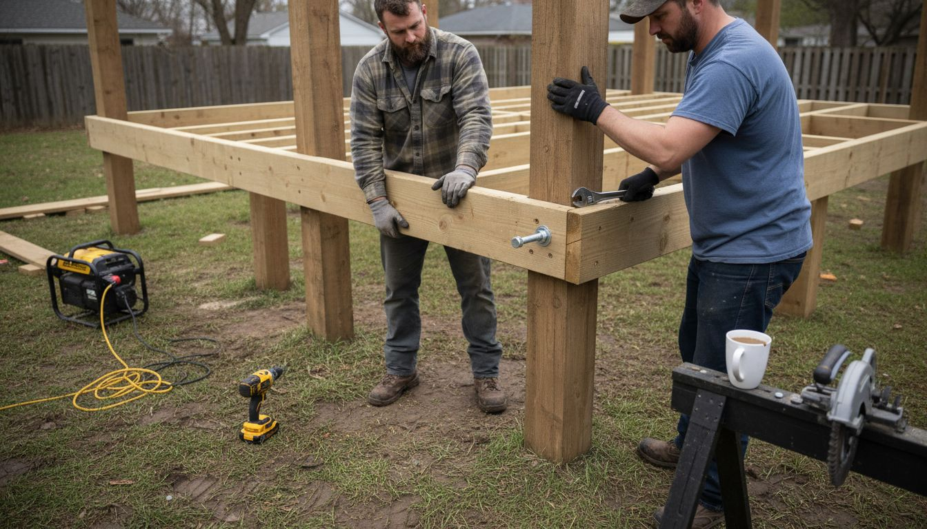Workers securing deck beam with bolts