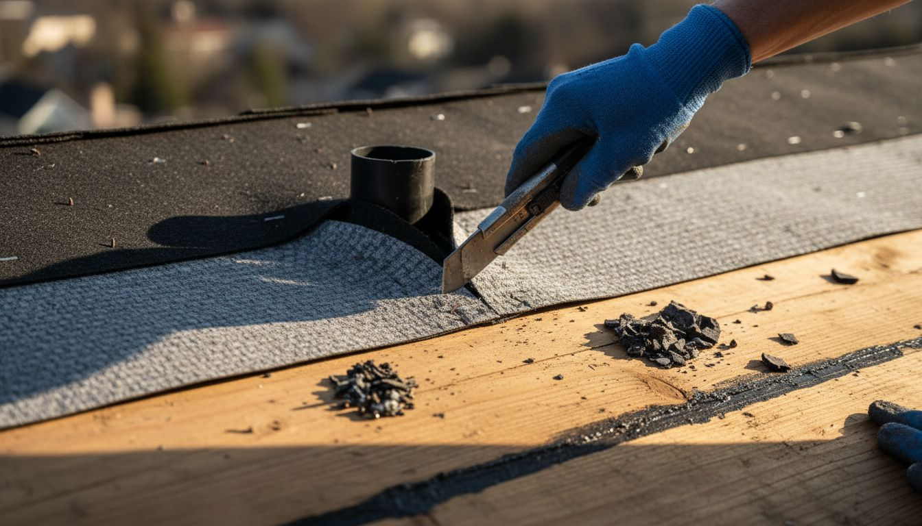 Closeup of underlayment layers on roof
