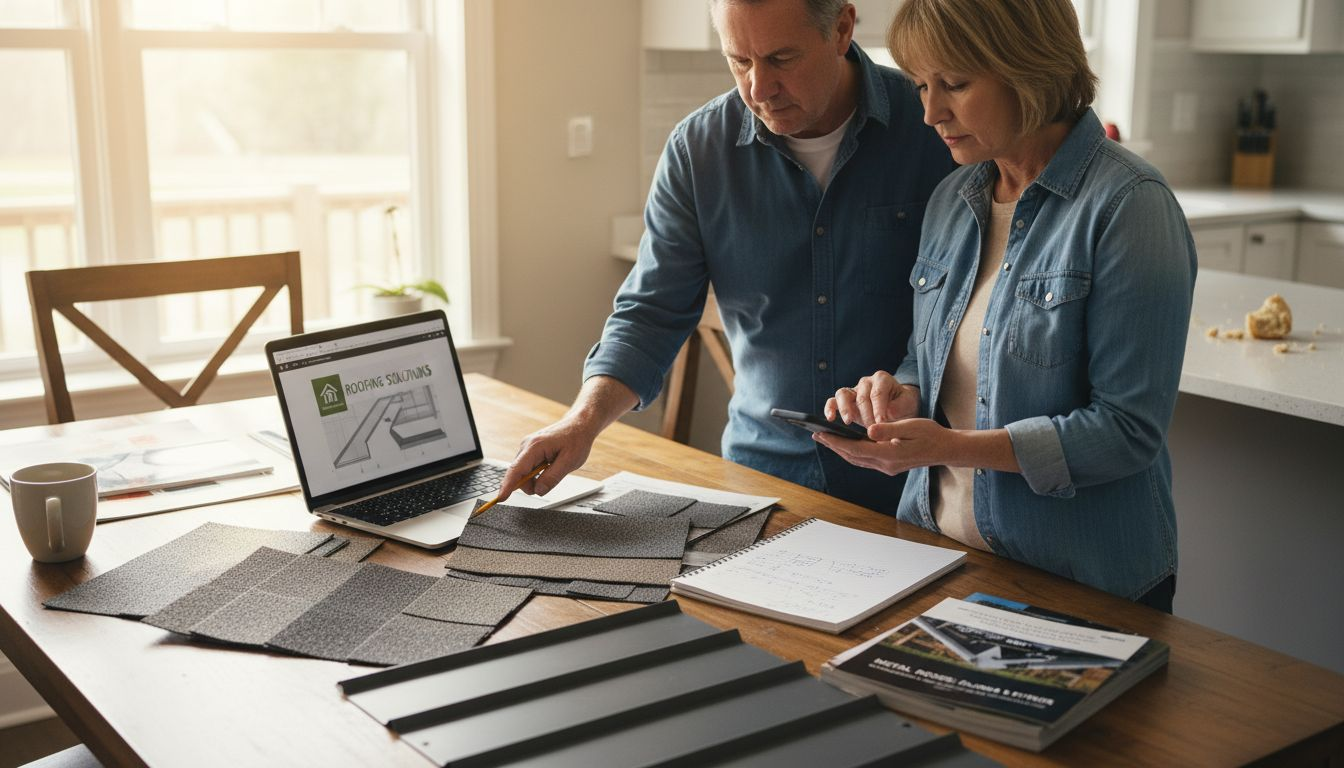 Homeowners reviewing roof materials at kitchen table