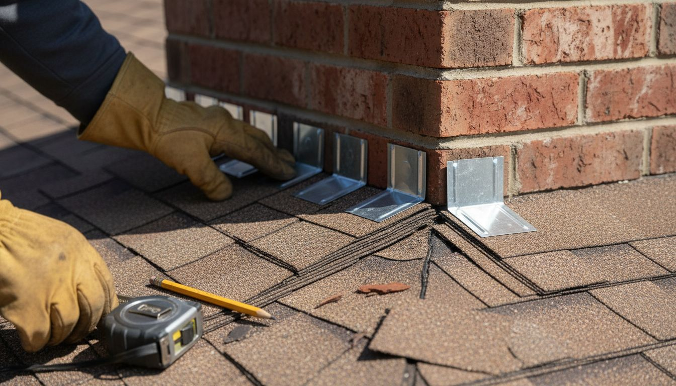 Close-up of step flashing being installed