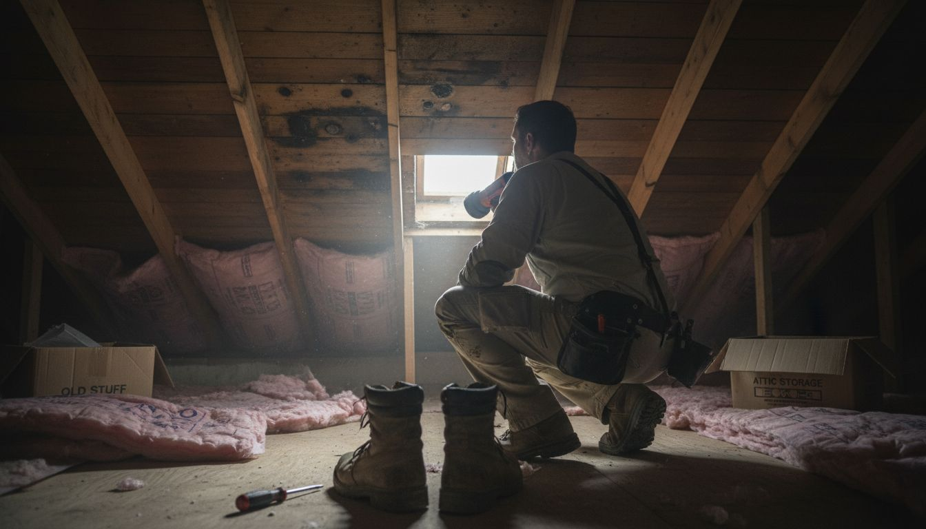 Inspector checks attic for roof leaks