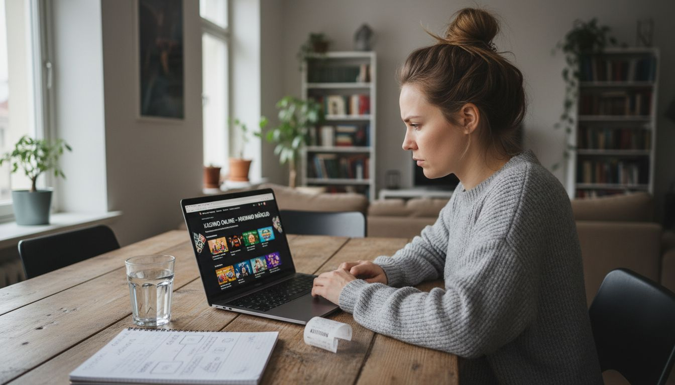 Noor naine naudib sülearvutis online live-kasiino põnevust.