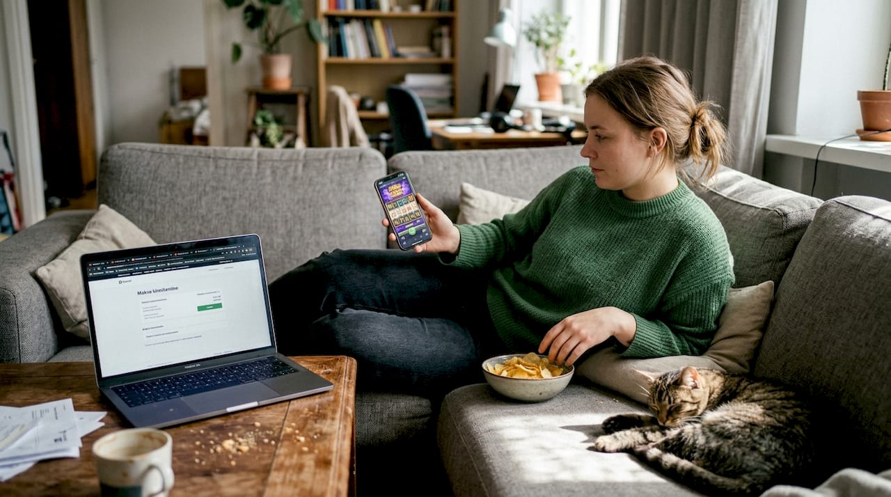 Naine mängib kodus telefonis kasiinomänge