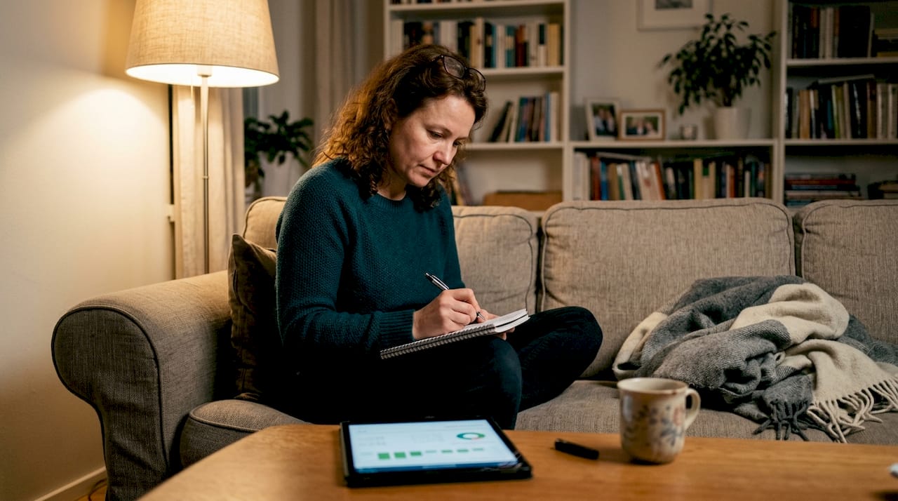 Naine paneb märkmikusse kirja, kui palju ta kasiinos raha kulutab.